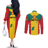 Personalized Gwenad Couples Matching Off The Shoulder Long Sleeve Dress and Long Sleeve Button Shirt Grenada Coat Of Arms Flag Style
