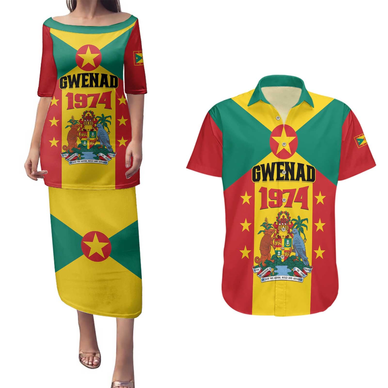 Personalized Gwenad Couples Matching Puletasi and Hawaiian Shirt Grenada Coat Of Arms Flag Style