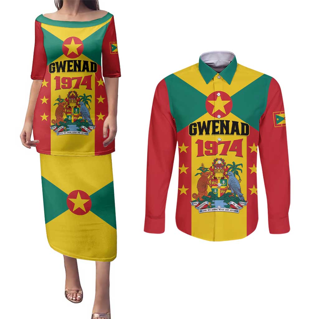 Personalized Gwenad Couples Matching Puletasi and Long Sleeve Button Shirt Grenada Coat Of Arms Flag Style