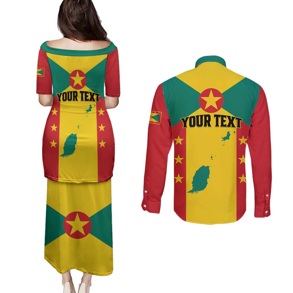 Personalized Gwenad Couples Matching Puletasi and Long Sleeve Button Shirt Grenada Coat Of Arms Flag Style