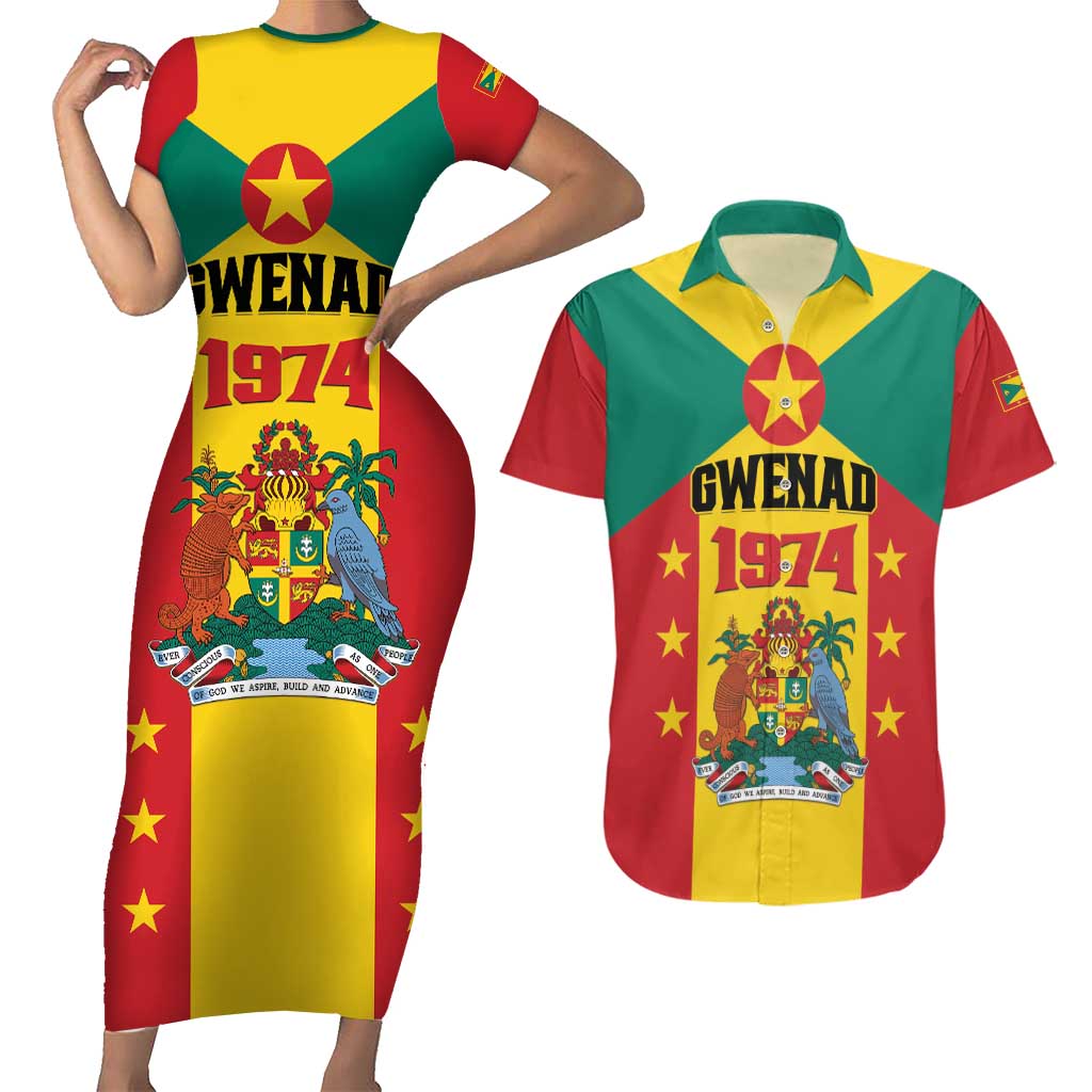 Personalized Gwenad Couples Matching Short Sleeve Bodycon Dress and Hawaiian Shirt Grenada Coat Of Arms Flag Style