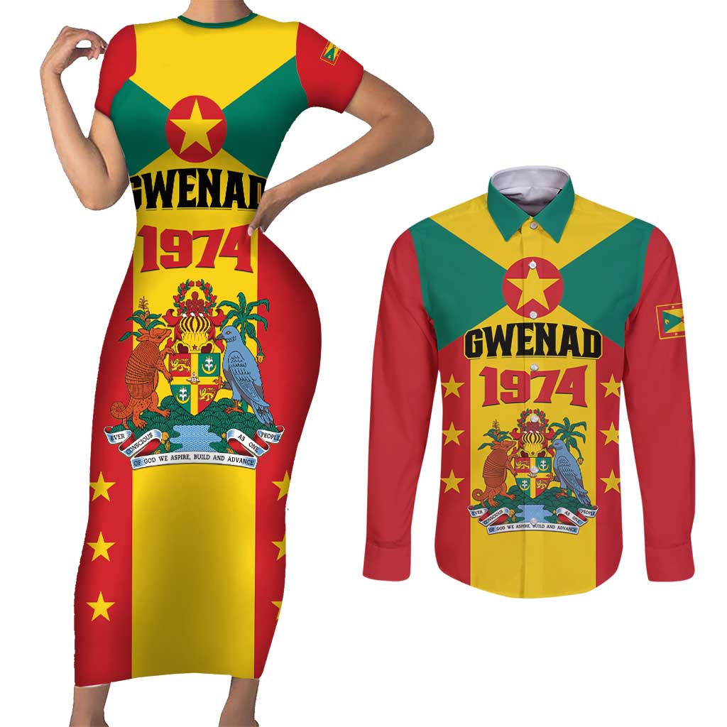 Personalized Gwenad Couples Matching Short Sleeve Bodycon Dress and Long Sleeve Button Shirt Grenada Coat Of Arms Flag Style