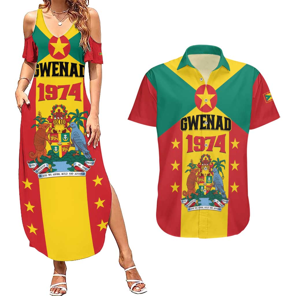 Personalized Gwenad Couples Matching Summer Maxi Dress and Hawaiian Shirt Grenada Coat Of Arms Flag Style