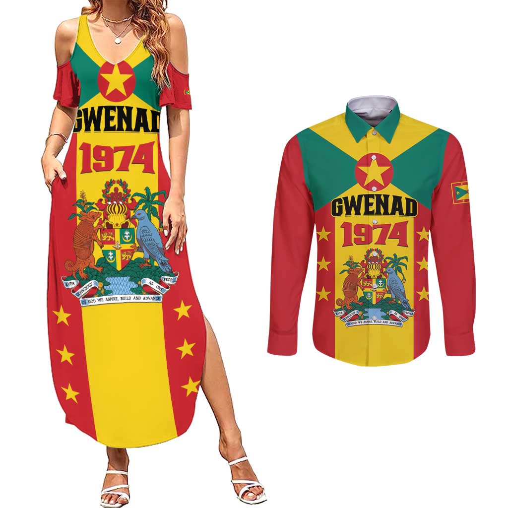 Personalized Gwenad Couples Matching Summer Maxi Dress and Long Sleeve Button Shirt Grenada Coat Of Arms Flag Style