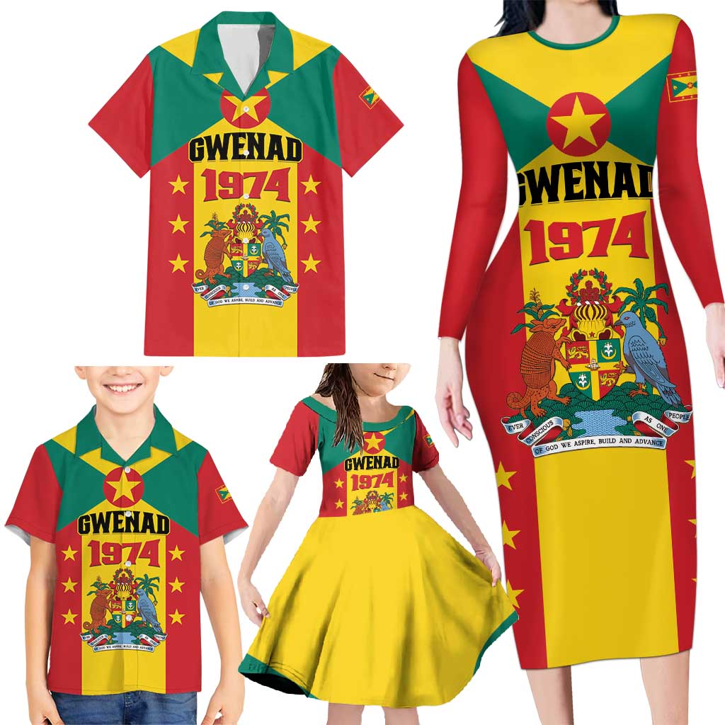 Personalized Gwenad Family Matching Long Sleeve Bodycon Dress and Hawaiian Shirt Grenada Coat Of Arms Flag Style