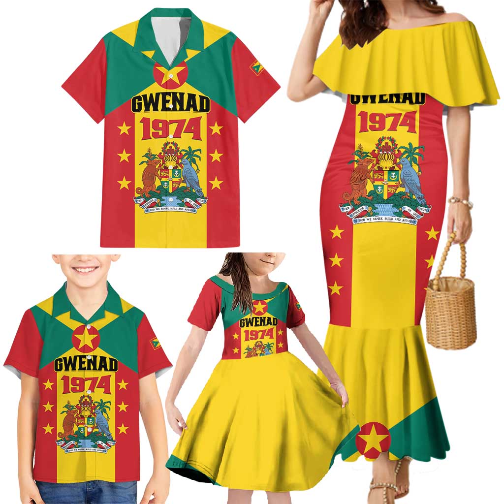 Personalized Gwenad Family Matching Mermaid Dress and Hawaiian Shirt Grenada Coat Of Arms Flag Style