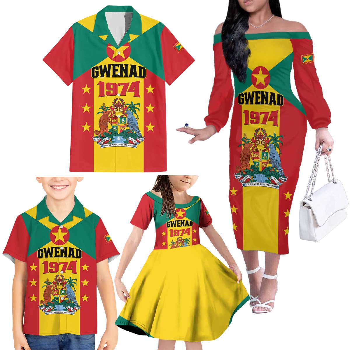 Personalized Gwenad Family Matching Off The Shoulder Long Sleeve Dress and Hawaiian Shirt Grenada Coat Of Arms Flag Style