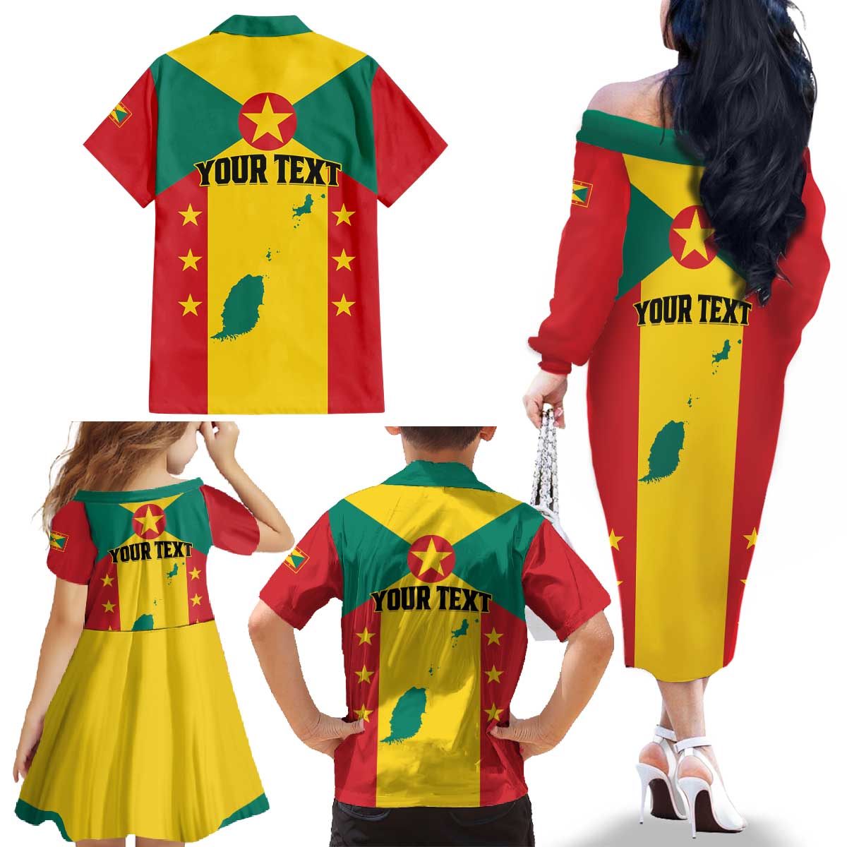 Personalized Gwenad Family Matching Off The Shoulder Long Sleeve Dress and Hawaiian Shirt Grenada Coat Of Arms Flag Style