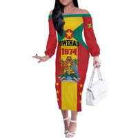 Personalized Gwenad Family Matching Off The Shoulder Long Sleeve Dress and Hawaiian Shirt Grenada Coat Of Arms Flag Style