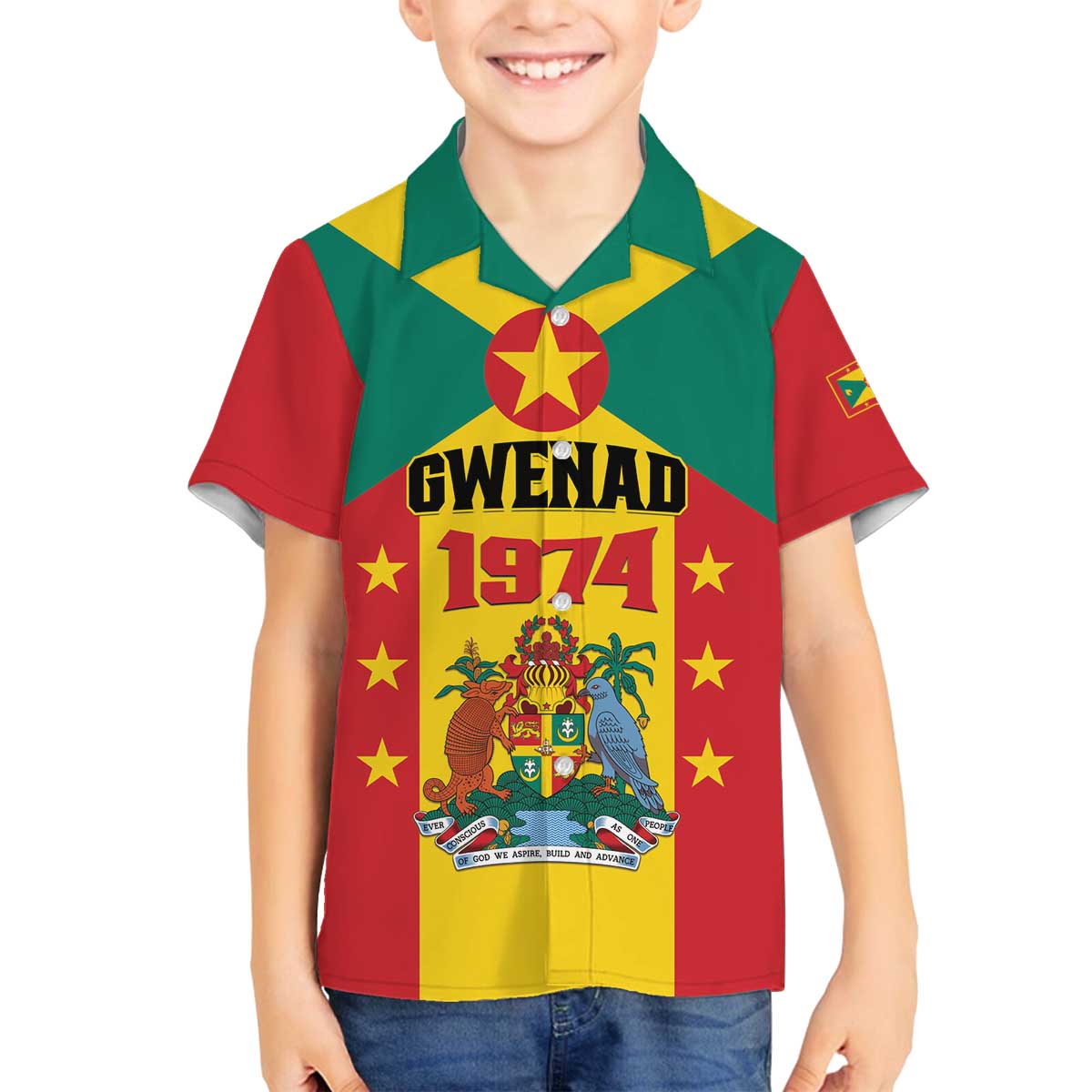 Personalized Gwenad Family Matching Off The Shoulder Long Sleeve Dress and Hawaiian Shirt Grenada Coat Of Arms Flag Style