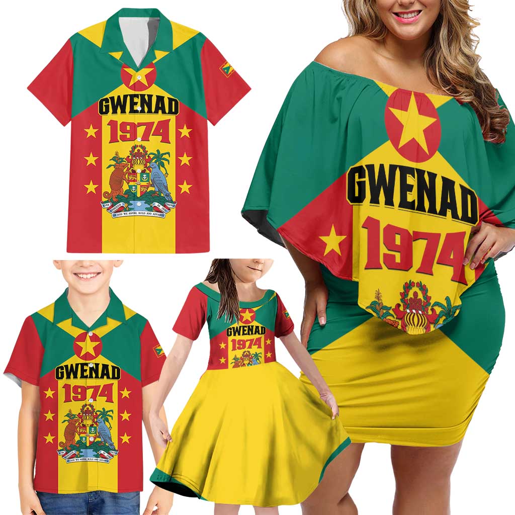 Personalized Gwenad Family Matching Off Shoulder Short Dress and Hawaiian Shirt Grenada Coat Of Arms Flag Style