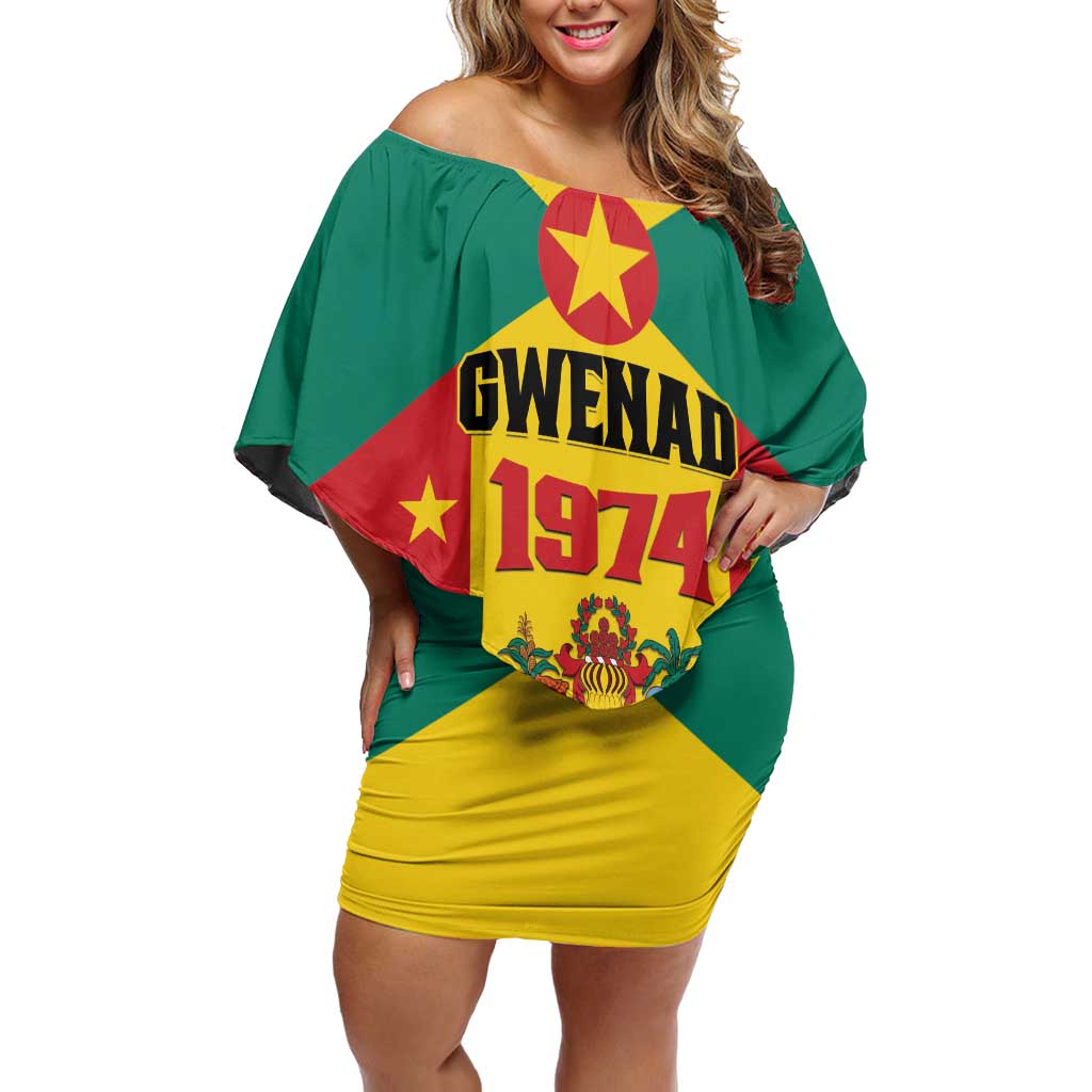Personalized Gwenad Family Matching Off Shoulder Short Dress and Hawaiian Shirt Grenada Coat Of Arms Flag Style