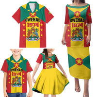 Personalized Gwenad Family Matching Puletasi and Hawaiian Shirt Grenada Coat Of Arms Flag Style