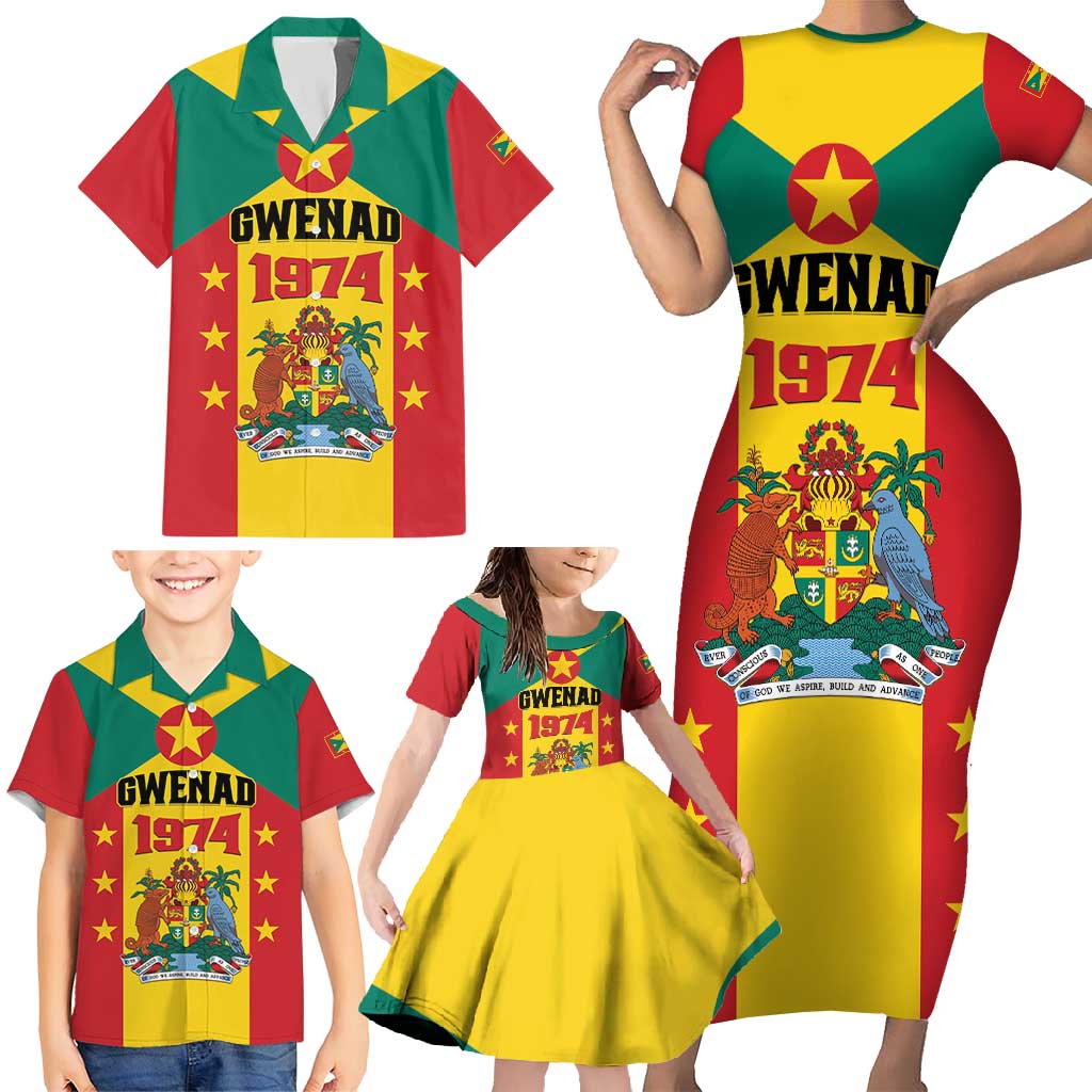 Personalized Gwenad Family Matching Short Sleeve Bodycon Dress and Hawaiian Shirt Grenada Coat Of Arms Flag Style