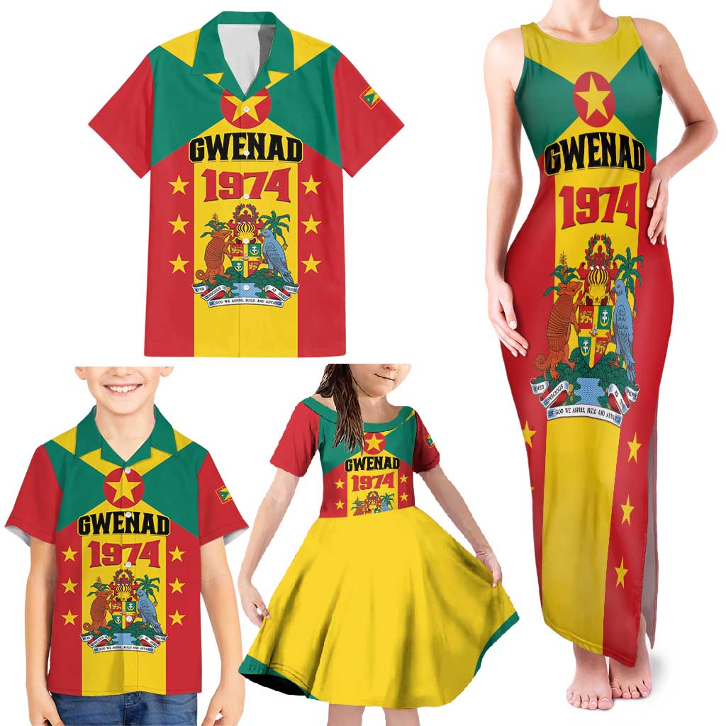 Personalized Gwenad Family Matching Tank Maxi Dress and Hawaiian Shirt Grenada Coat Of Arms Flag Style