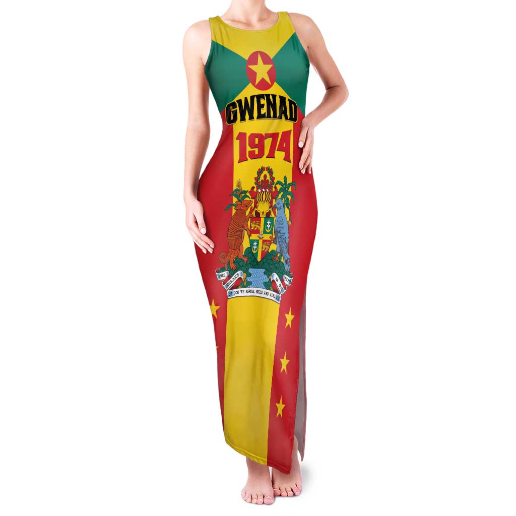 Personalized Gwenad Family Matching Tank Maxi Dress and Hawaiian Shirt Grenada Coat Of Arms Flag Style