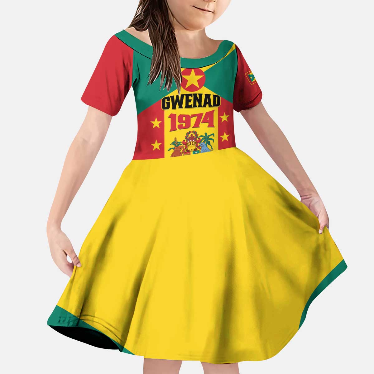 Personalized Gwenad Kid Short Sleeve Dress Grenada Coat Of Arms Flag Style