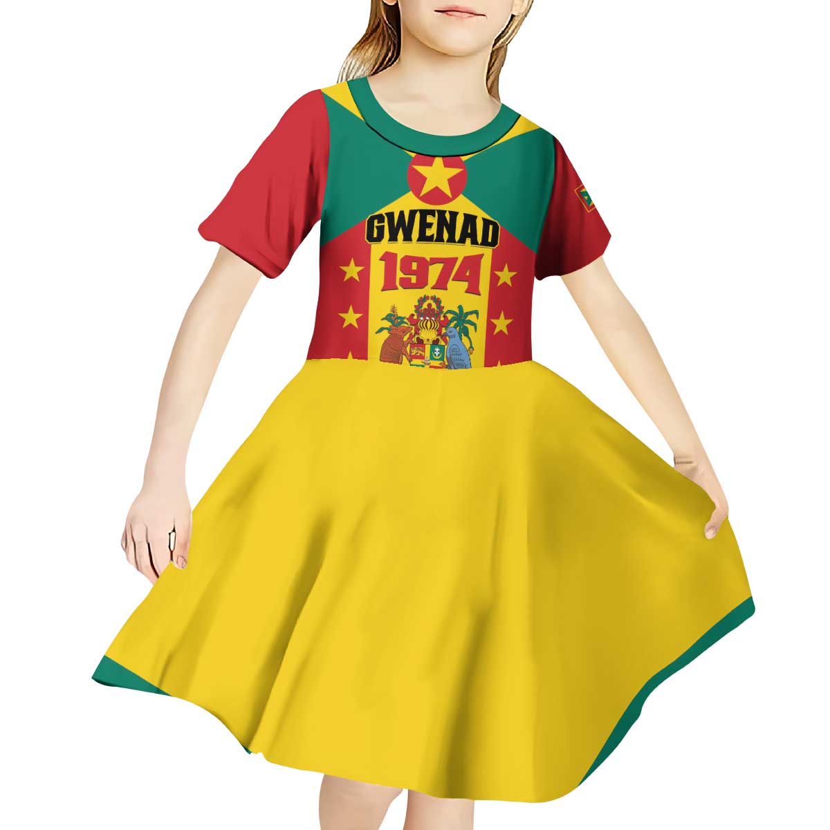 Personalized Gwenad Kid Short Sleeve Dress Grenada Coat Of Arms Flag Style