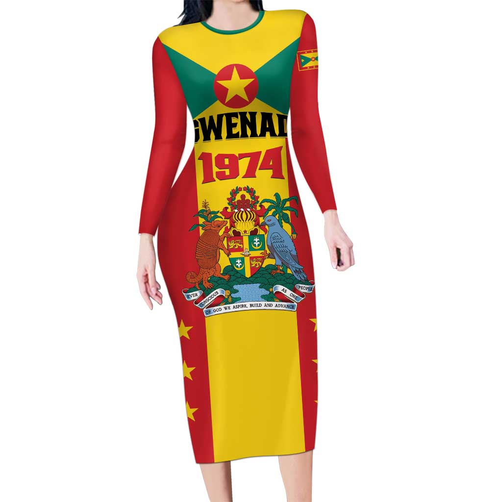 Personalized Gwenad Long Sleeve Bodycon Dress Grenada Coat Of Arms Flag Style
