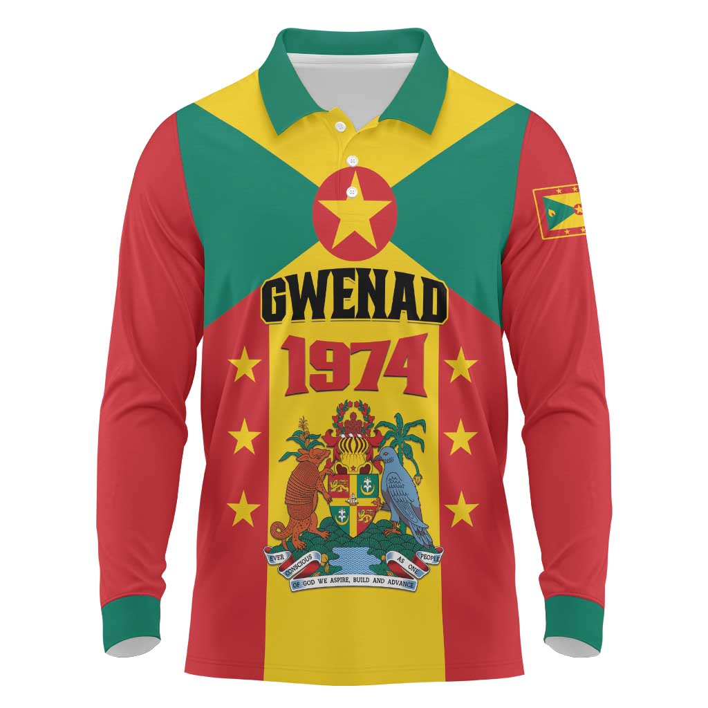 Personalized Gwenad Long Sleeve Polo Shirt Grenada Coat Of Arms Flag Style