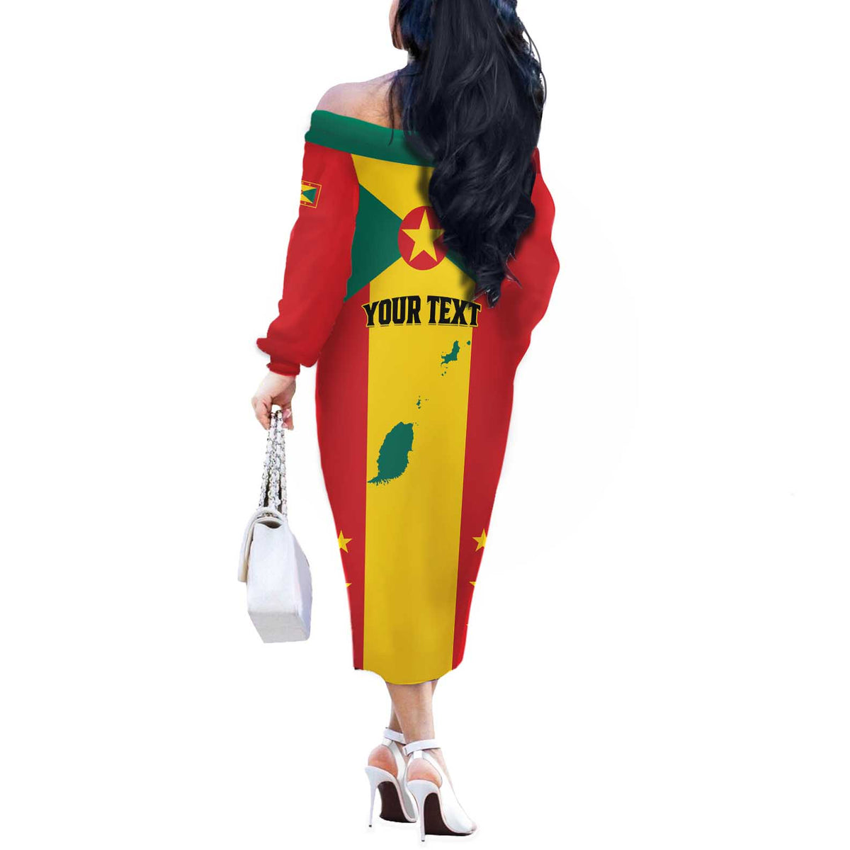 Personalized Gwenad Off The Shoulder Long Sleeve Dress Grenada Coat Of Arms Flag Style