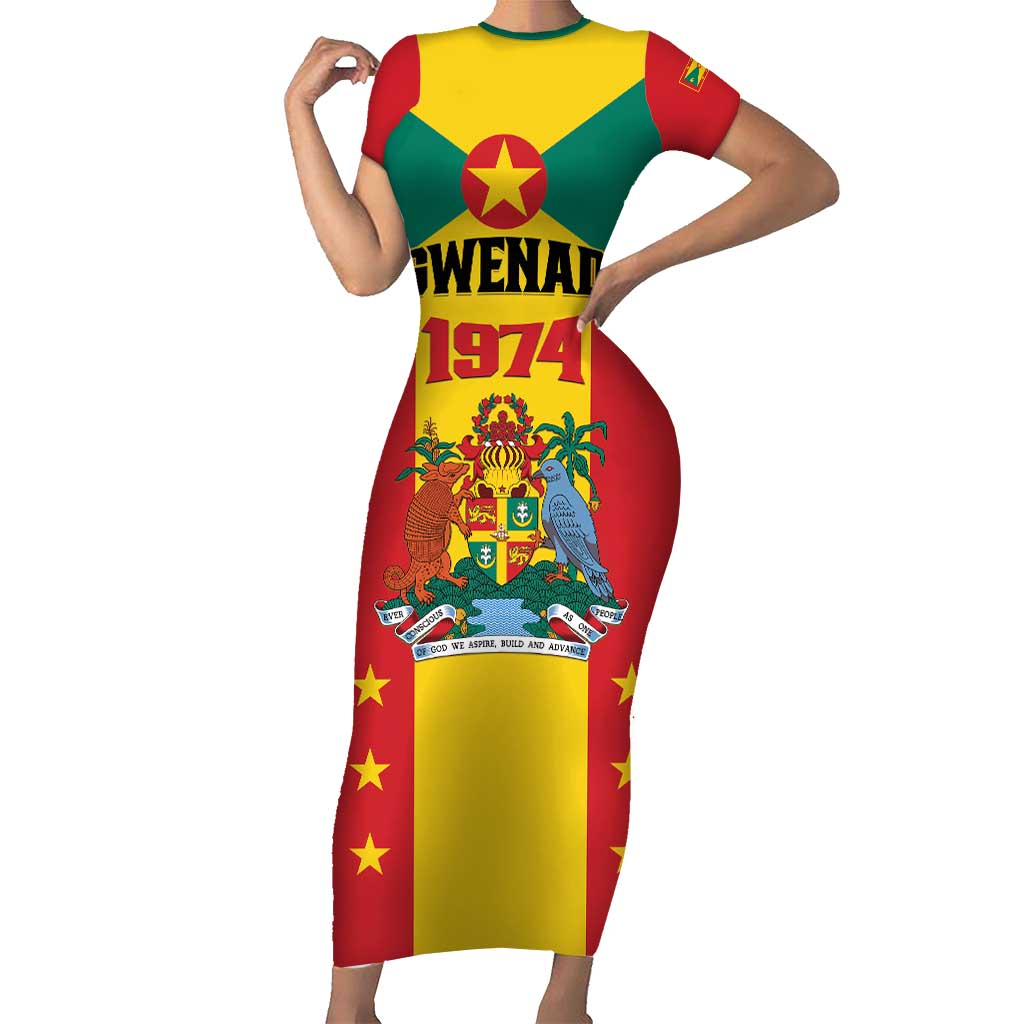Personalized Gwenad Short Sleeve Bodycon Dress Grenada Coat Of Arms Flag Style - Wonder Print Shop