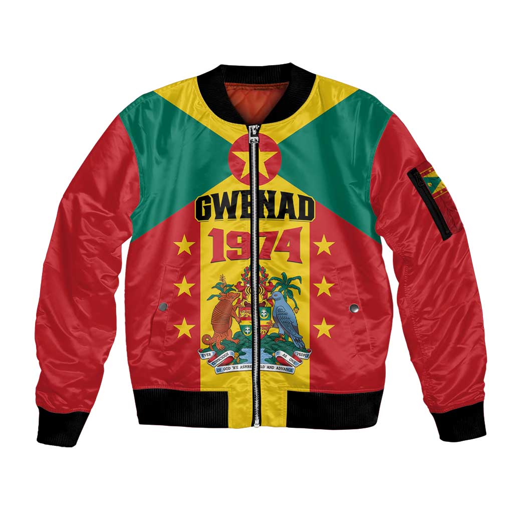 Personalized Gwenad Sleeve Zip Bomber Jacket Grenada Coat Of Arms Flag Style - Wonder Print Shop