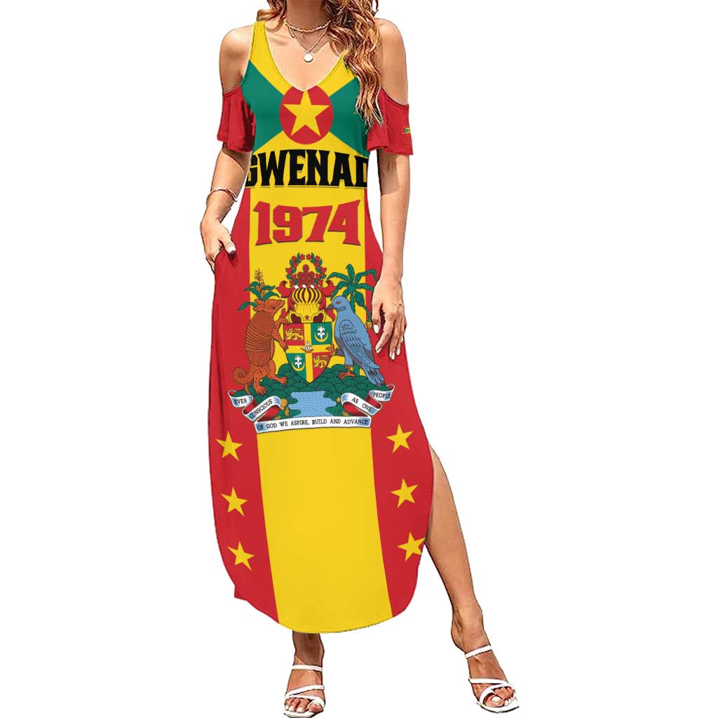 Personalized Gwenad Summer Maxi Dress Grenada Coat Of Arms Flag Style - Wonder Print Shop