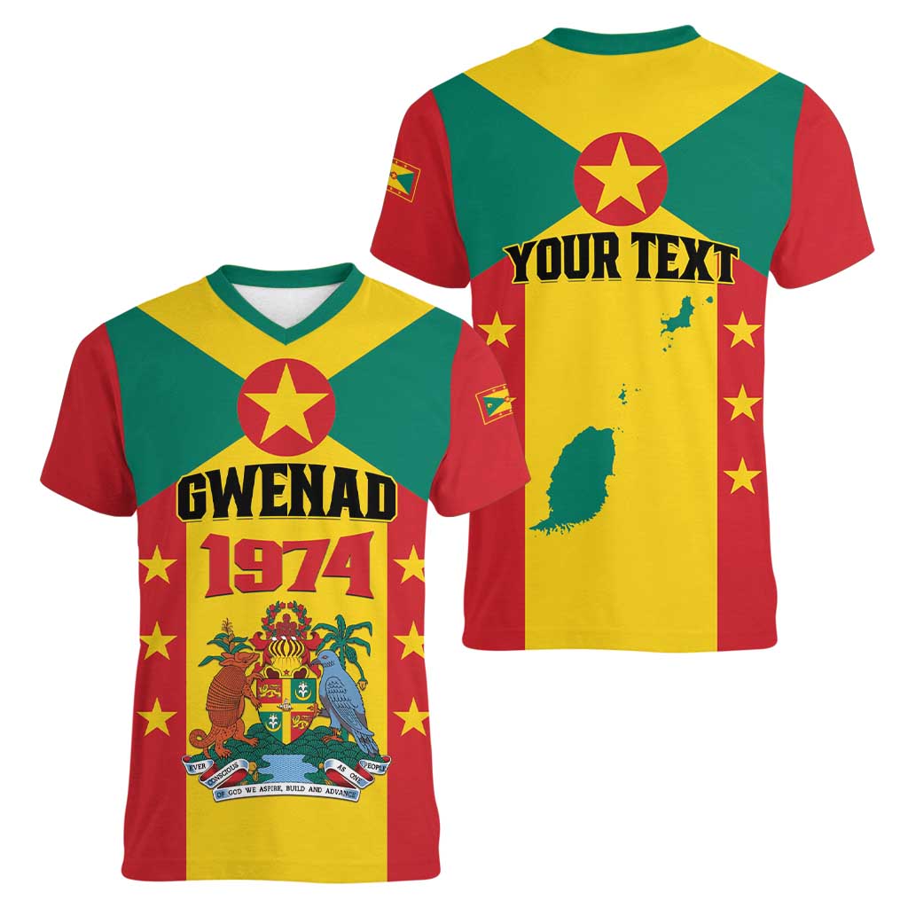 Personalized Gwenad Women V-Neck T-Shirt Grenada Coat Of Arms Flag Style - Wonder Print Shop