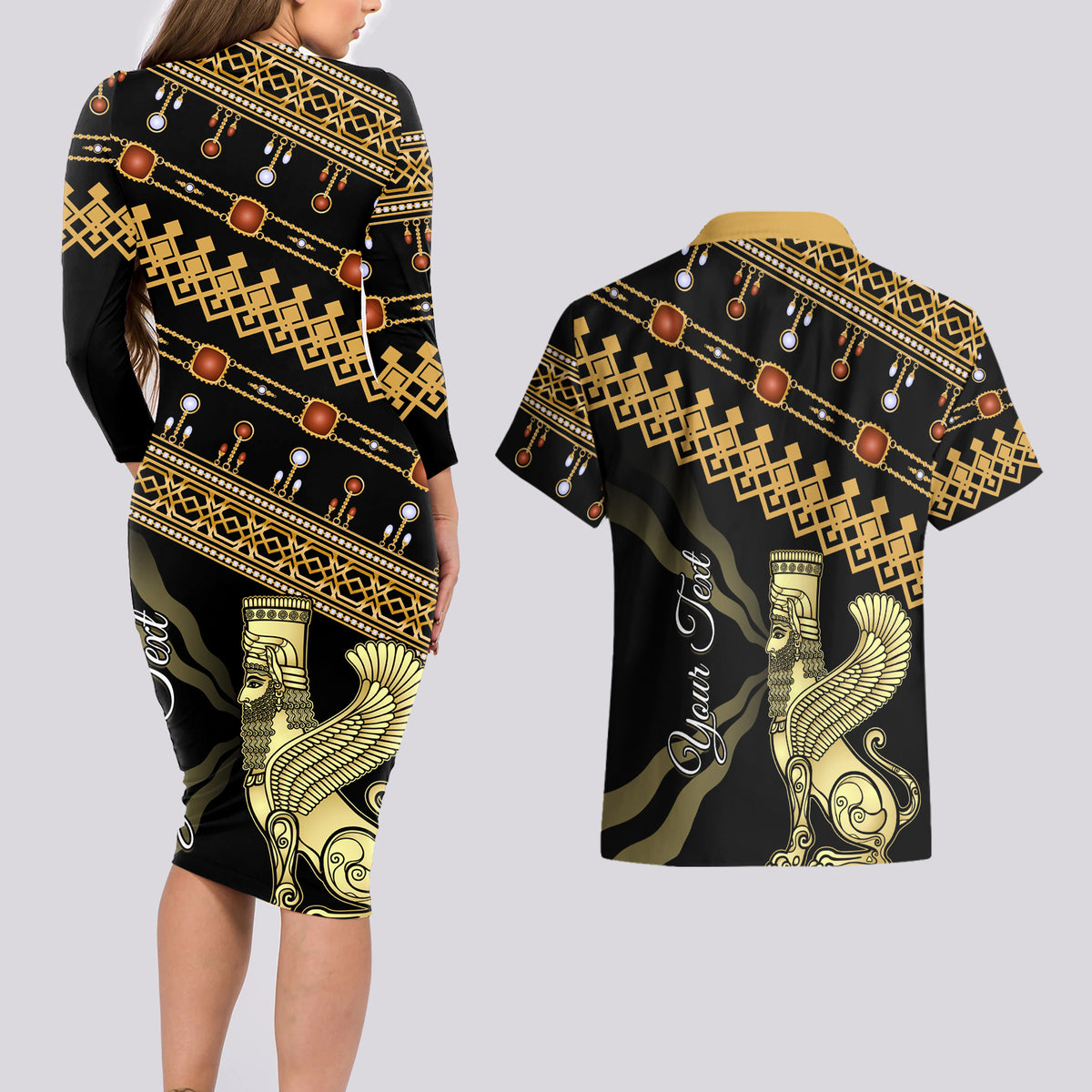 Assyrian New Year Couples Matching Long Sleeve Bodycon Dress and Hawaiian Shirt Akitu 6774 Kha B Nissan - Wonder Print Shop