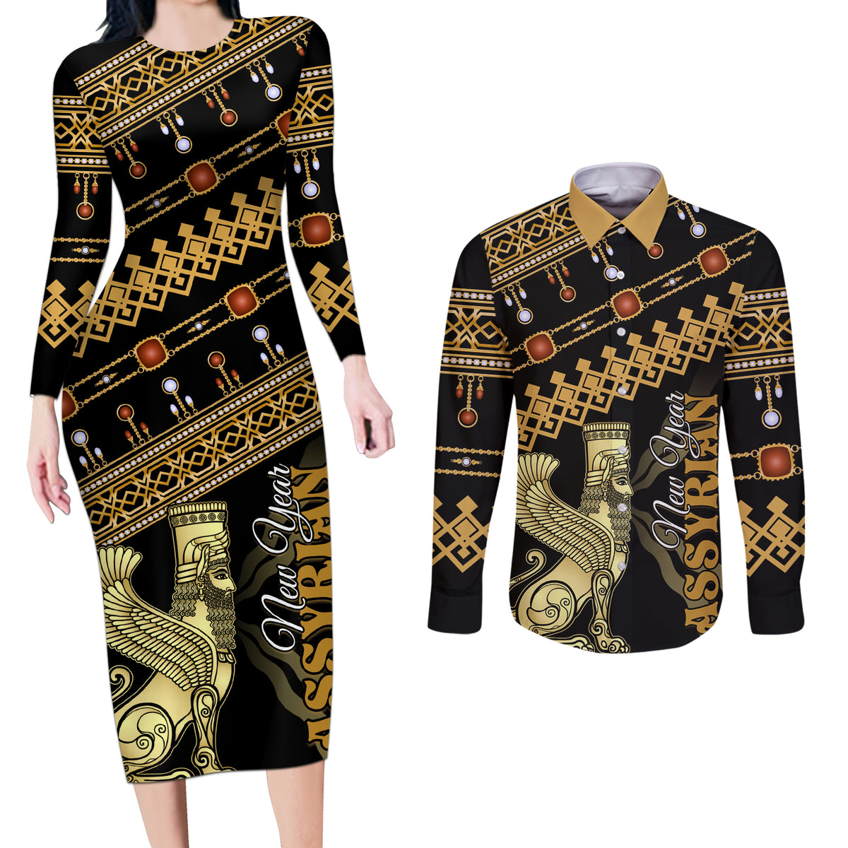 Assyrian New Year Couples Matching Long Sleeve Bodycon Dress and Long Sleeve Button Shirt Akitu 6774 Kha B Nissan - Wonder Print Shop
