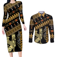 Assyrian New Year Couples Matching Long Sleeve Bodycon Dress and Long Sleeve Button Shirt Akitu 6774 Kha B Nissan - Wonder Print Shop