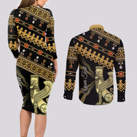 Assyrian New Year Couples Matching Long Sleeve Bodycon Dress and Long Sleeve Button Shirt Akitu 6774 Kha B Nissan - Wonder Print Shop