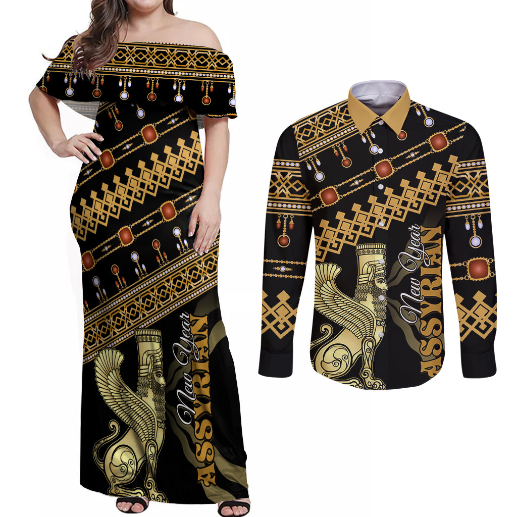 Assyrian New Year Couples Matching Off Shoulder Maxi Dress and Long Sleeve Button Shirt Akitu 6774 Kha B Nissan - Wonder Print Shop