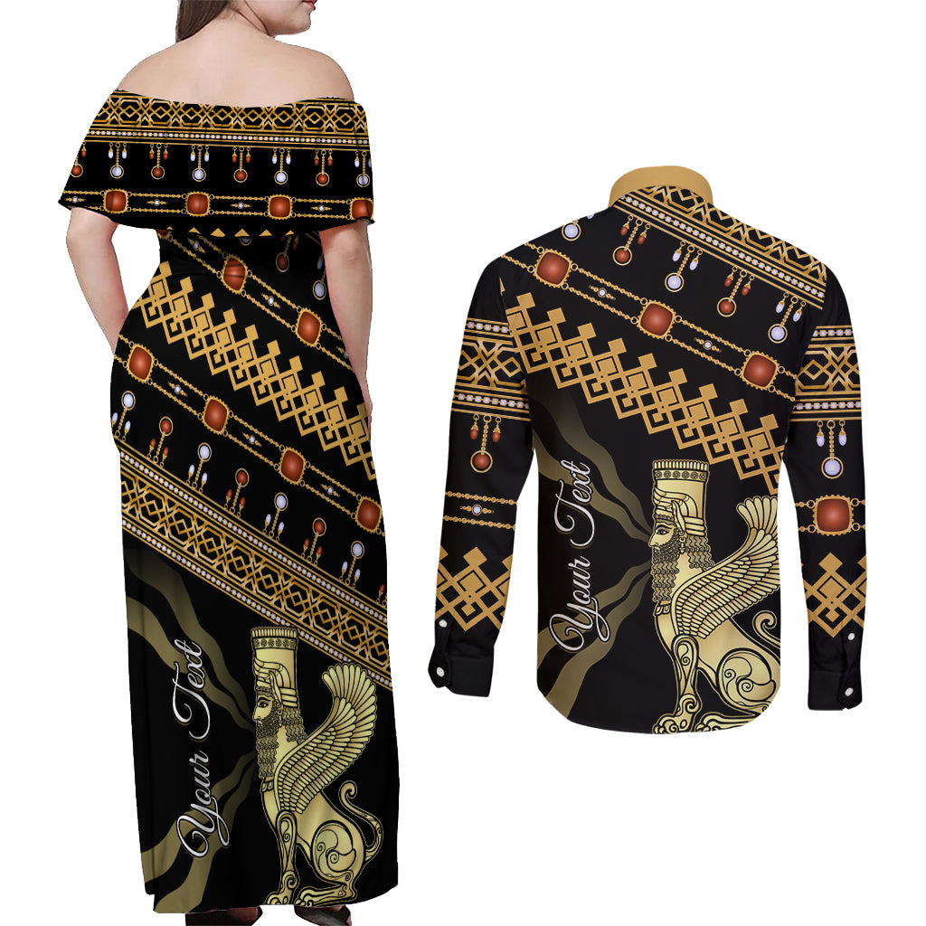 Assyrian New Year Couples Matching Off Shoulder Maxi Dress and Long Sleeve Button Shirt Akitu 6774 Kha B Nissan - Wonder Print Shop