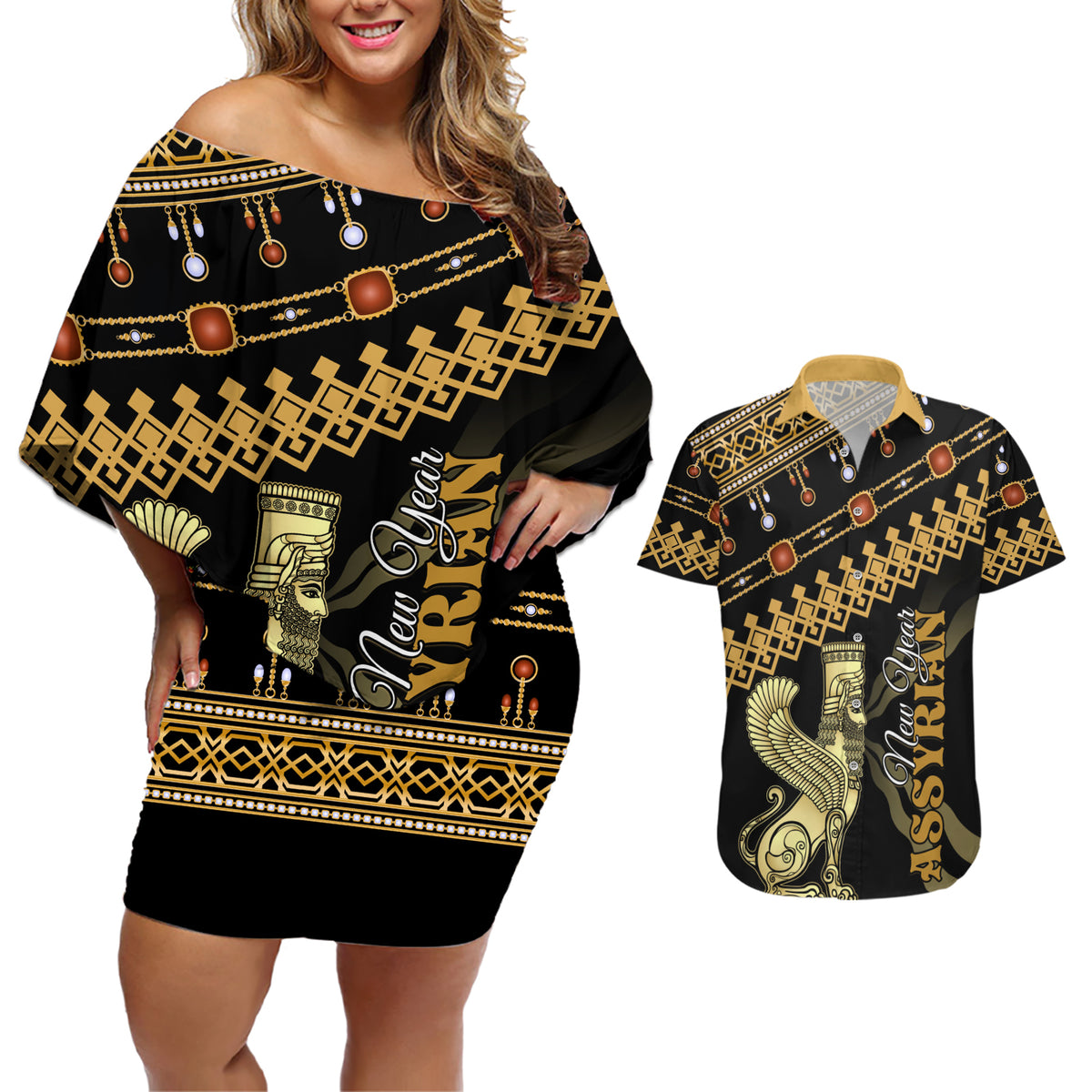 Assyrian New Year Couples Matching Off Shoulder Short Dress and Hawaiian Shirt Akitu 6774 Kha B Nissan - Wonder Print Shop