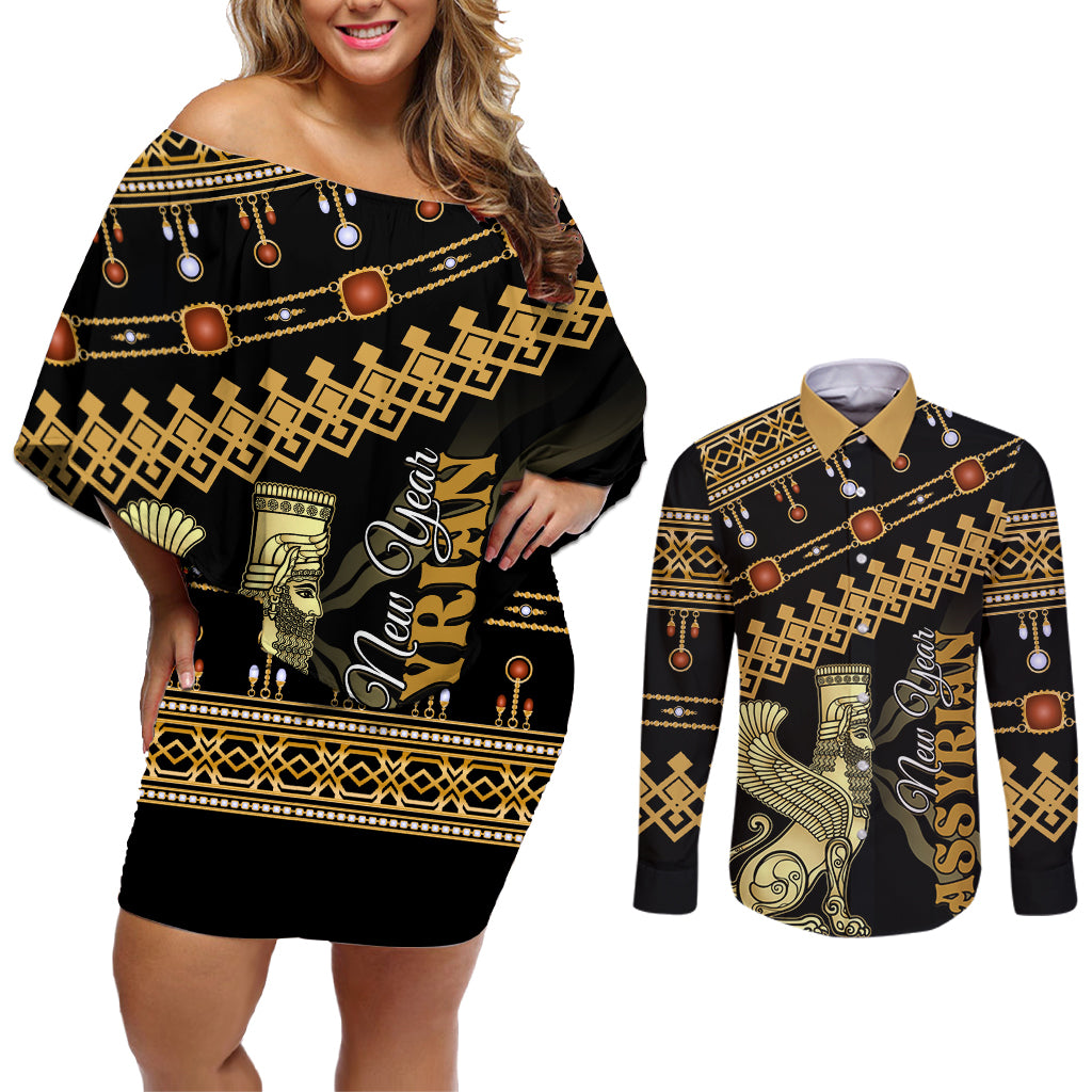 Assyrian New Year Couples Matching Off Shoulder Short Dress and Long Sleeve Button Shirt Akitu 6774 Kha B Nissan - Wonder Print Shop