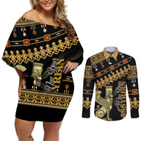 Assyrian New Year Couples Matching Off Shoulder Short Dress and Long Sleeve Button Shirt Akitu 6774 Kha B Nissan - Wonder Print Shop