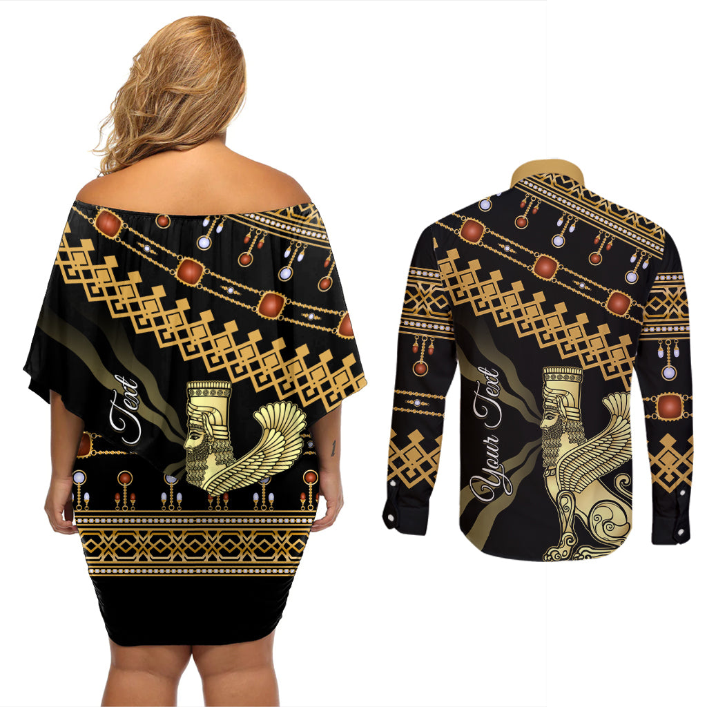 Assyrian New Year Couples Matching Off Shoulder Short Dress and Long Sleeve Button Shirt Akitu 6774 Kha B Nissan - Wonder Print Shop