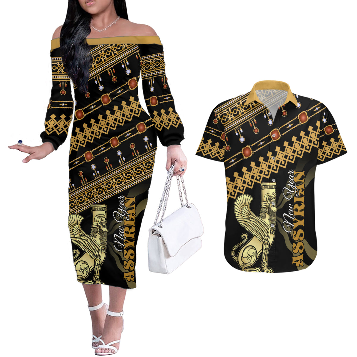Assyrian New Year Couples Matching Off The Shoulder Long Sleeve Dress and Hawaiian Shirt Akitu 6774 Kha B Nissan - Wonder Print Shop