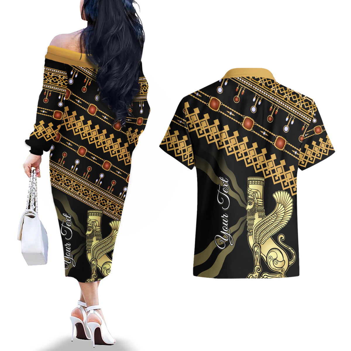 Assyrian New Year Couples Matching Off The Shoulder Long Sleeve Dress and Hawaiian Shirt Akitu 6774 Kha B Nissan - Wonder Print Shop