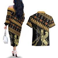 Assyrian New Year Couples Matching Off The Shoulder Long Sleeve Dress and Hawaiian Shirt Akitu 6774 Kha B Nissan - Wonder Print Shop