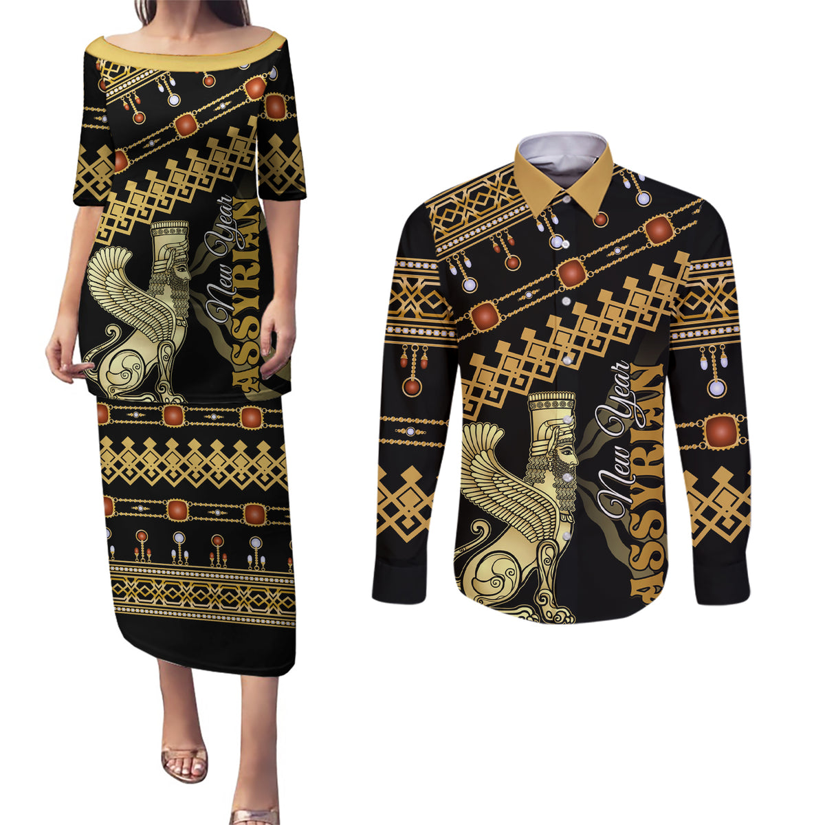 Assyrian New Year Couples Matching Puletasi and Long Sleeve Button Shirt Akitu 6774 Kha B Nissan - Wonder Print Shop