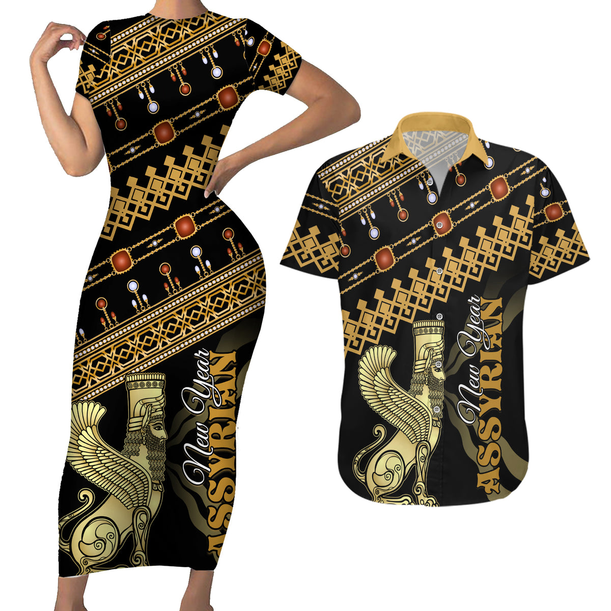 Assyrian New Year Couples Matching Short Sleeve Bodycon Dress and Hawaiian Shirt Akitu 6774 Kha B Nissan - Wonder Print Shop