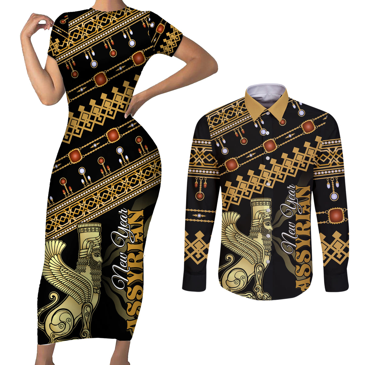 Assyrian New Year Couples Matching Short Sleeve Bodycon Dress and Long Sleeve Button Shirt Akitu 6774 Kha B Nissan - Wonder Print Shop