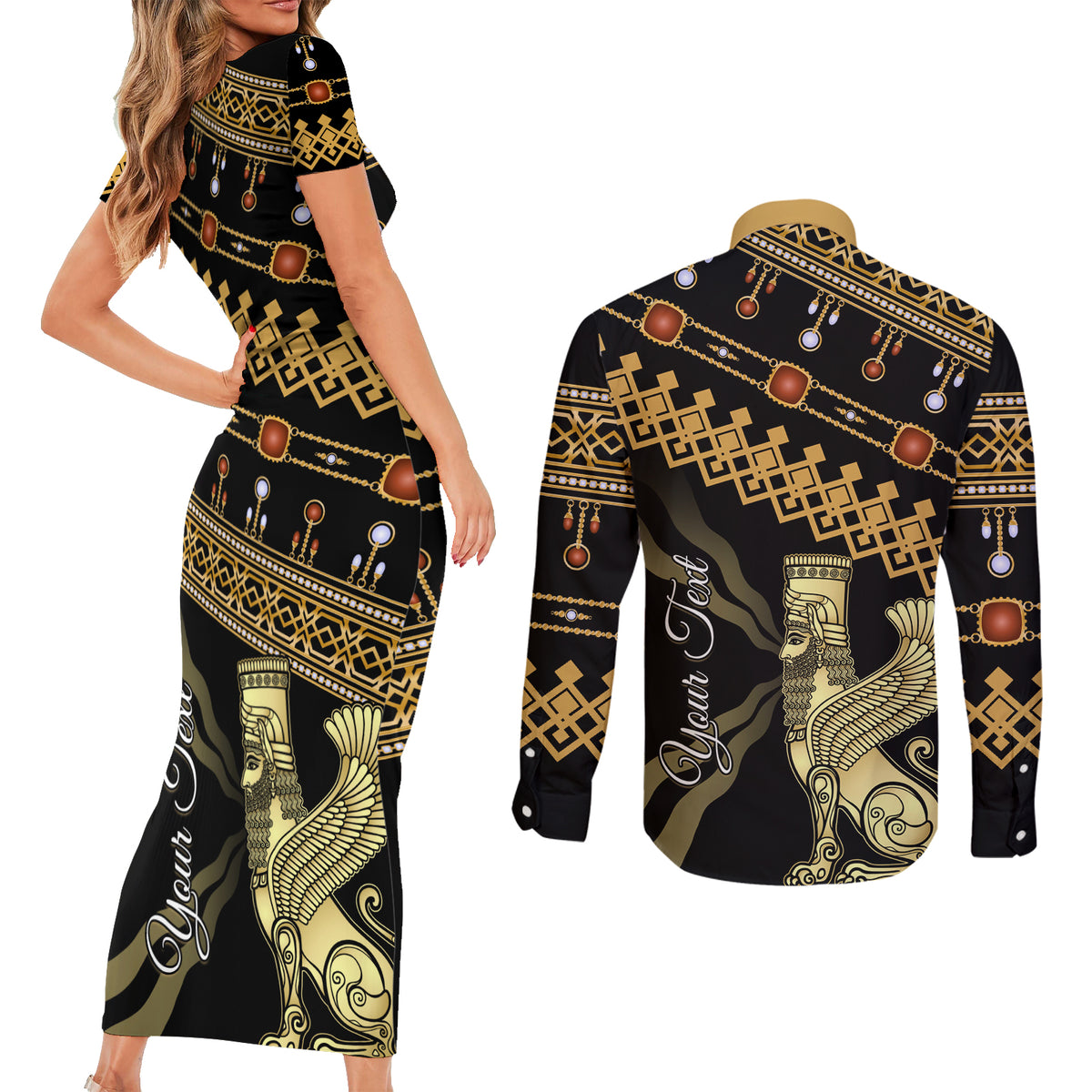 Assyrian New Year Couples Matching Short Sleeve Bodycon Dress and Long Sleeve Button Shirt Akitu 6774 Kha B Nissan - Wonder Print Shop