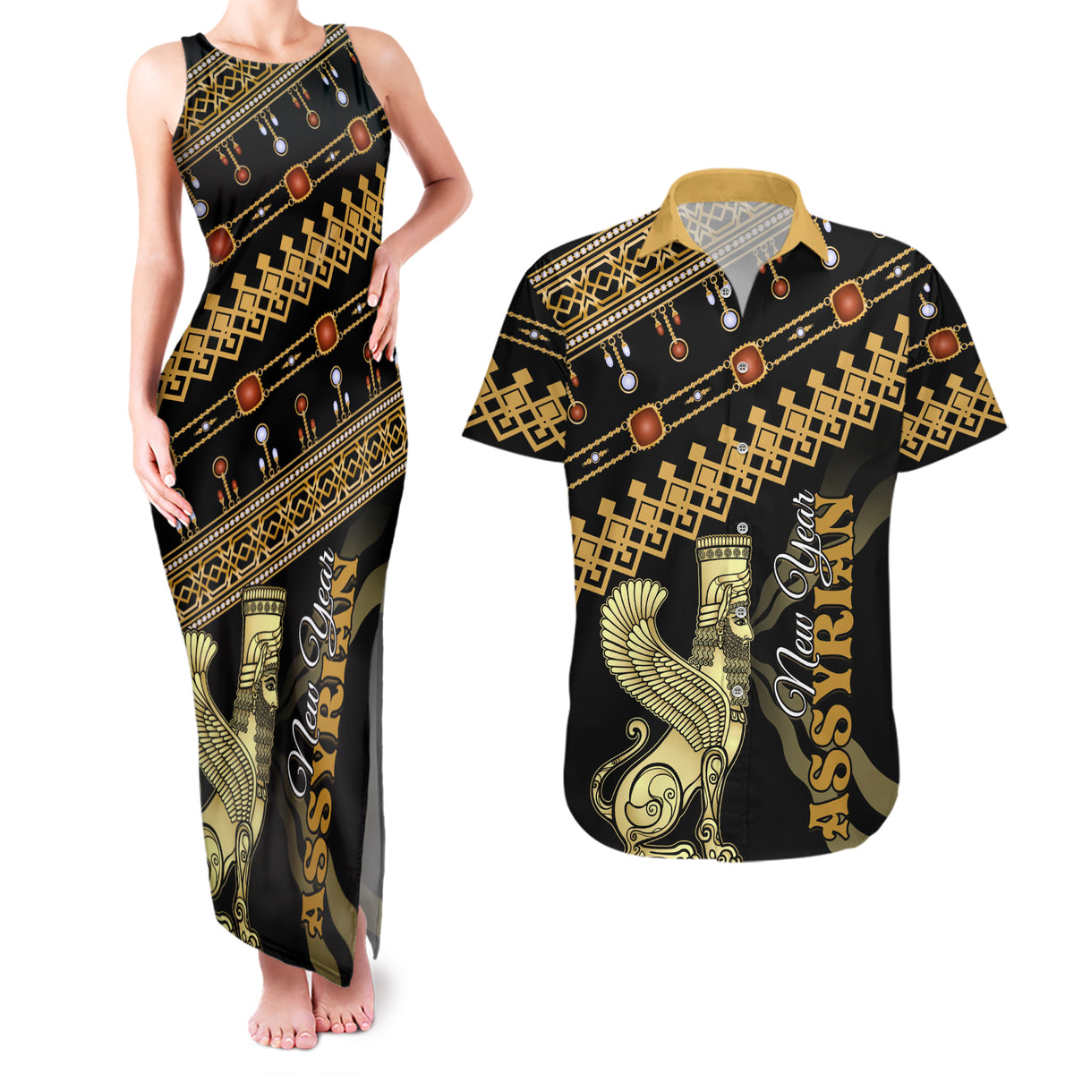 Assyrian New Year Couples Matching Tank Maxi Dress and Hawaiian Shirt Akitu 6774 Kha B Nissan - Wonder Print Shop