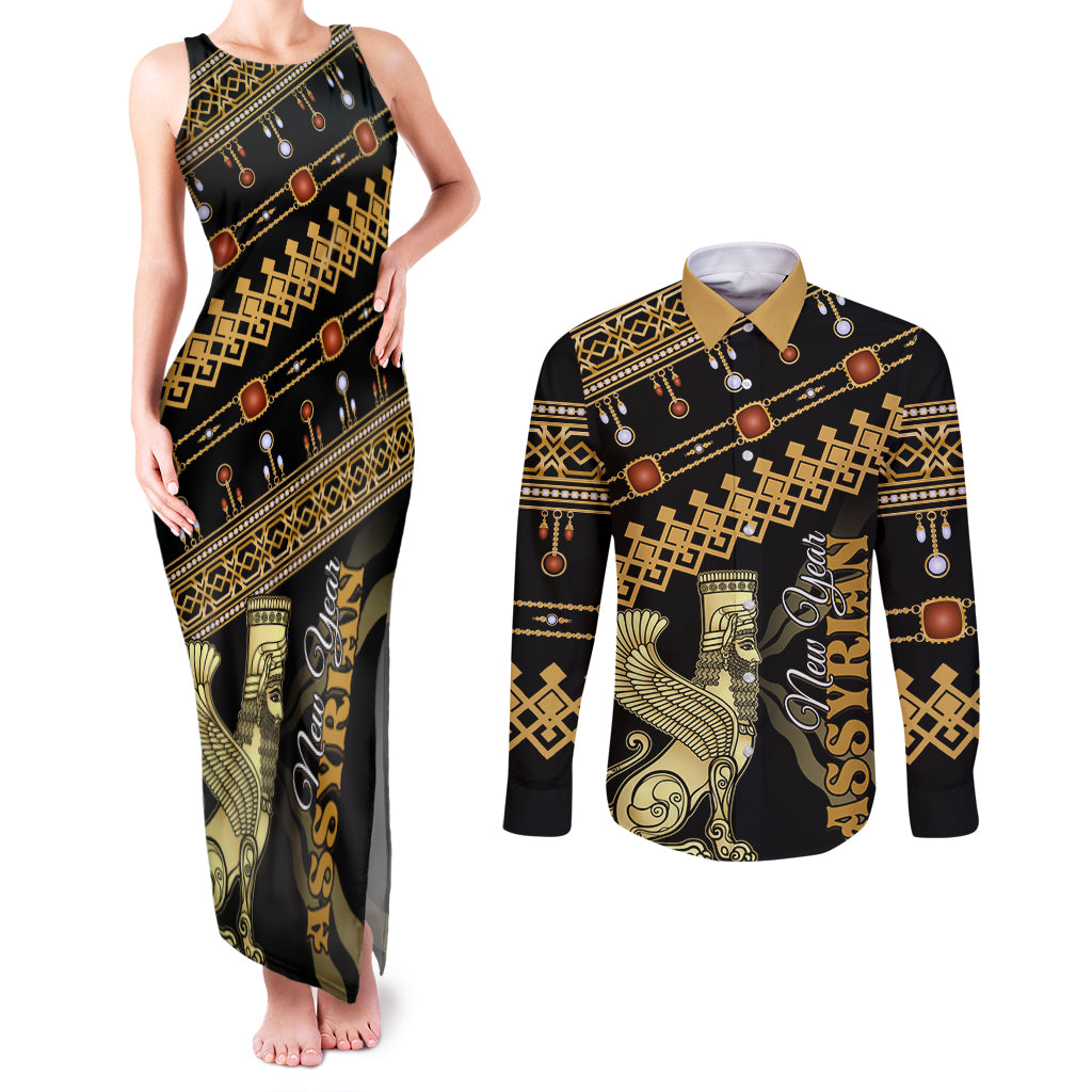 Assyrian New Year Couples Matching Tank Maxi Dress and Long Sleeve Button Shirt Akitu 6774 Kha B Nissan - Wonder Print Shop