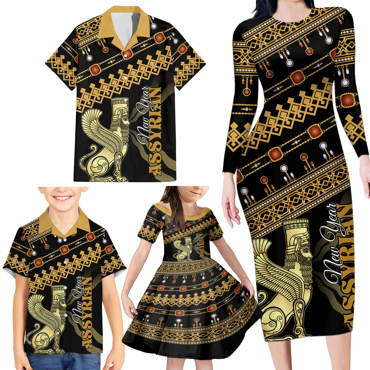 Assyrian New Year Family Matching Long Sleeve Bodycon Dress and Hawaiian Shirt Akitu 6774 Kha B Nissan - Wonder Print Shop