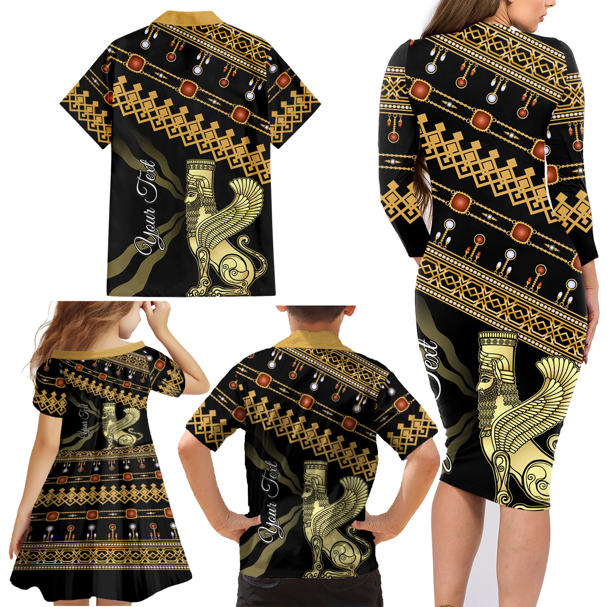 Assyrian New Year Family Matching Long Sleeve Bodycon Dress and Hawaiian Shirt Akitu 6774 Kha B Nissan - Wonder Print Shop